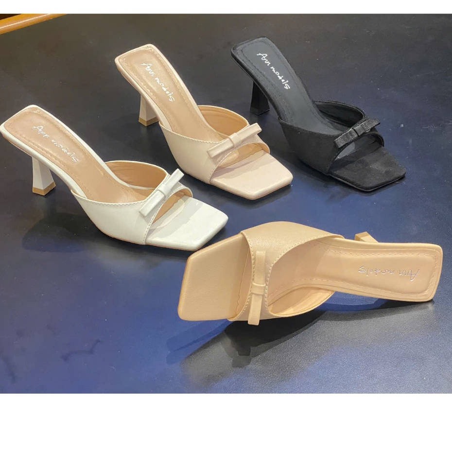 Guốc 7 phân quai ngang  bản khuyết phối nơ thời trang, dép guốc bản ngang G7FNN