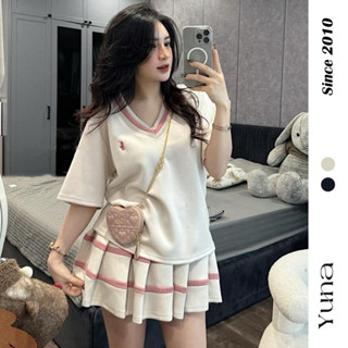 Set Bộ 2 Món Áo Ngựa Thêu Cổ Tim Girl Phố Mix Chân Váy Xếp Ly 2 Lớp Phối Sọc Hồng Style Thể Thao, Hot Teen YUNA68 SET012