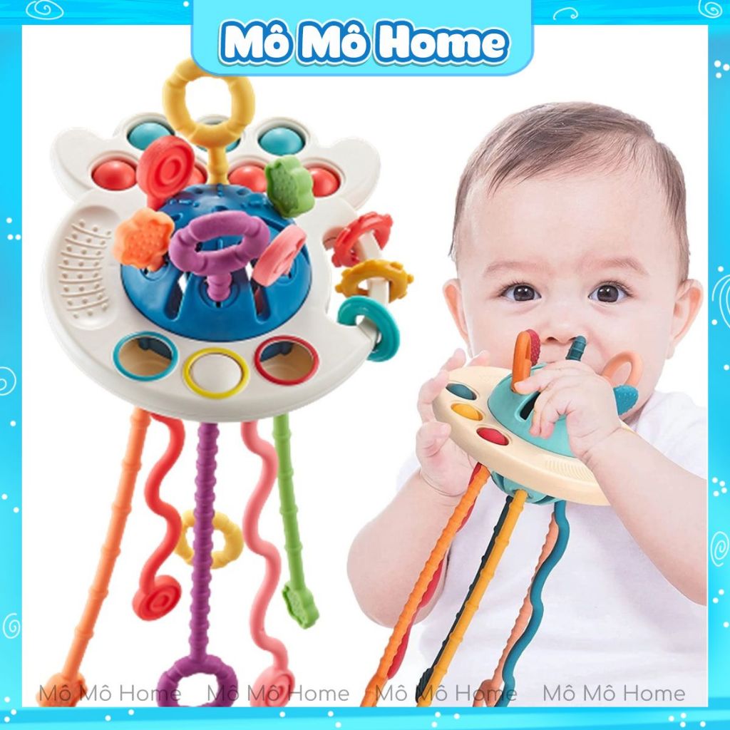 Đồ chơi rút dây cho bé montessori gặm nướu silicon giáo dục sớm kết hợp vận động tinh hình đĩa bay vịt