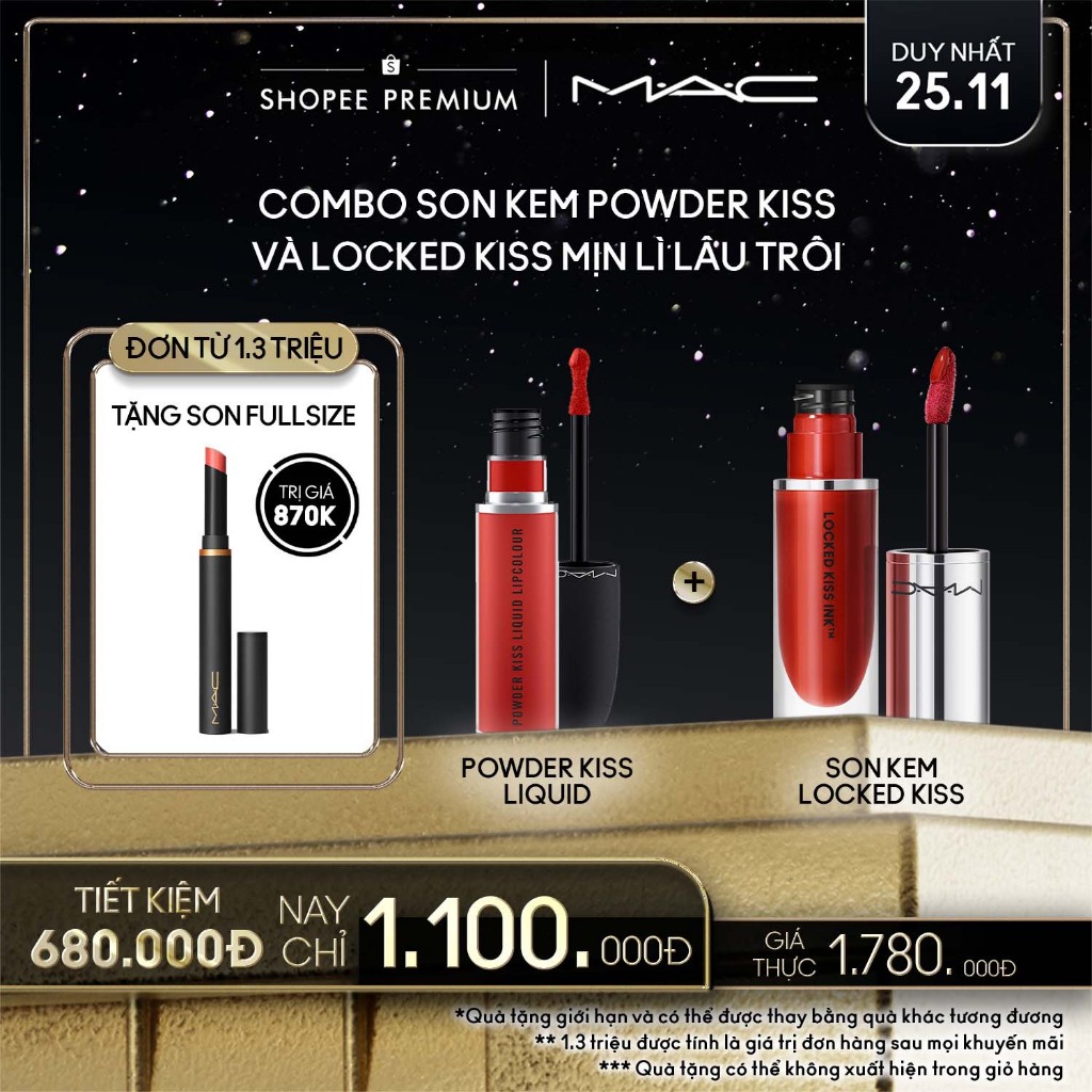 MAC - Bộ 2 món: Son kem Powder Kiss Liquid Lipcolour, Son kem Locked Kiss Ink