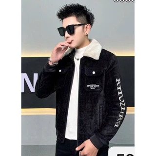 Áo khoác nam lót lông cổ lông tháo dời chất liệu nhung tăm thêu chữ tay