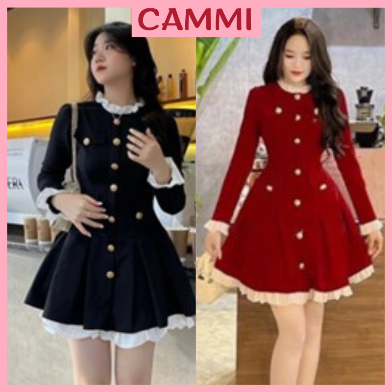 Váy nhung Pha Bèo Trắng Tiểu Thư Dáng Xoè Siêu Xinh, váy đỏ phối đính cúc cổ phối viền trắng mặc noel,Tết HV231 | BigBuy360 - bigbuy360.vn