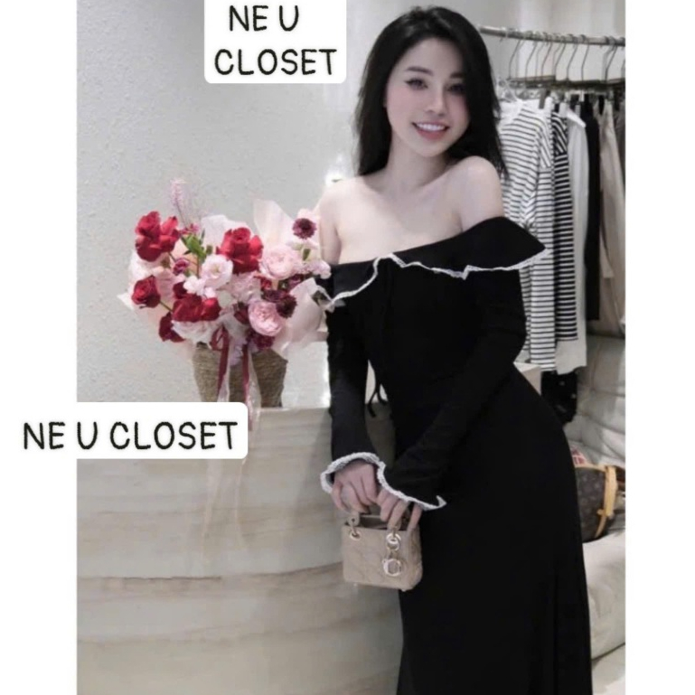 [HÀNG LOẠI 1] Váy body trễ vai phối bèo tay dài váy dáng dài đầm trễ vai tay dài dáng dài đầm đi tiệ