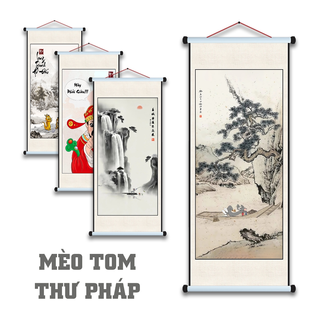 Tranh CANVAS Thư Pháp Mèo Tom, Tổng Hợp Tranh Vô Tri Treo Tường Hài Hước, Tranh Chế, Tranh Vô Tri