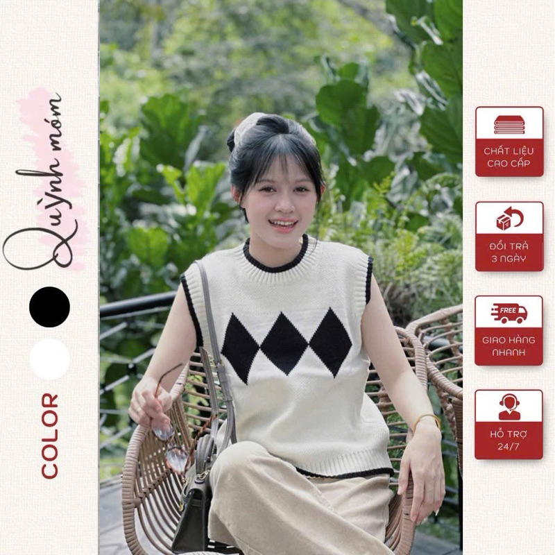 Áo Len Gile Nữ Chất Liệu Len Thừng Dày Dặn, Áo Gile Nữ Ngắn Tay Họa Tiết Trắng Đen