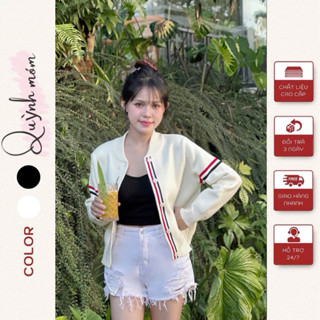 Áo khoác Thome Bomber phối tay kẻ sọc 3 màu, Áo khoác len cardigan nữ chất len thỏ mịn dày dặn