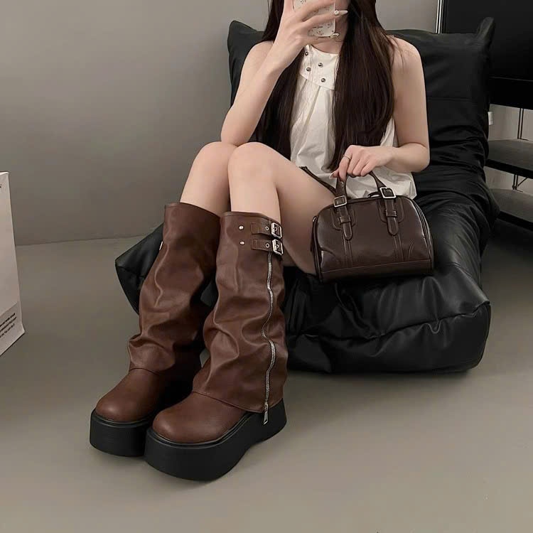 Giày bốt nữ cổ cao, boost đùi ống rộng da đế cao hách dáng có khóa kim loại phong cách Hàn Quốc B07 - nguyentrang239