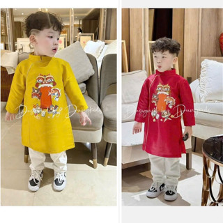 Áo dài cách tân bé trai, Áo dài cho bé trai diện tết diện Noel họa tiết rồng chất liệu nhung lì size 8 - 30kg -AD1