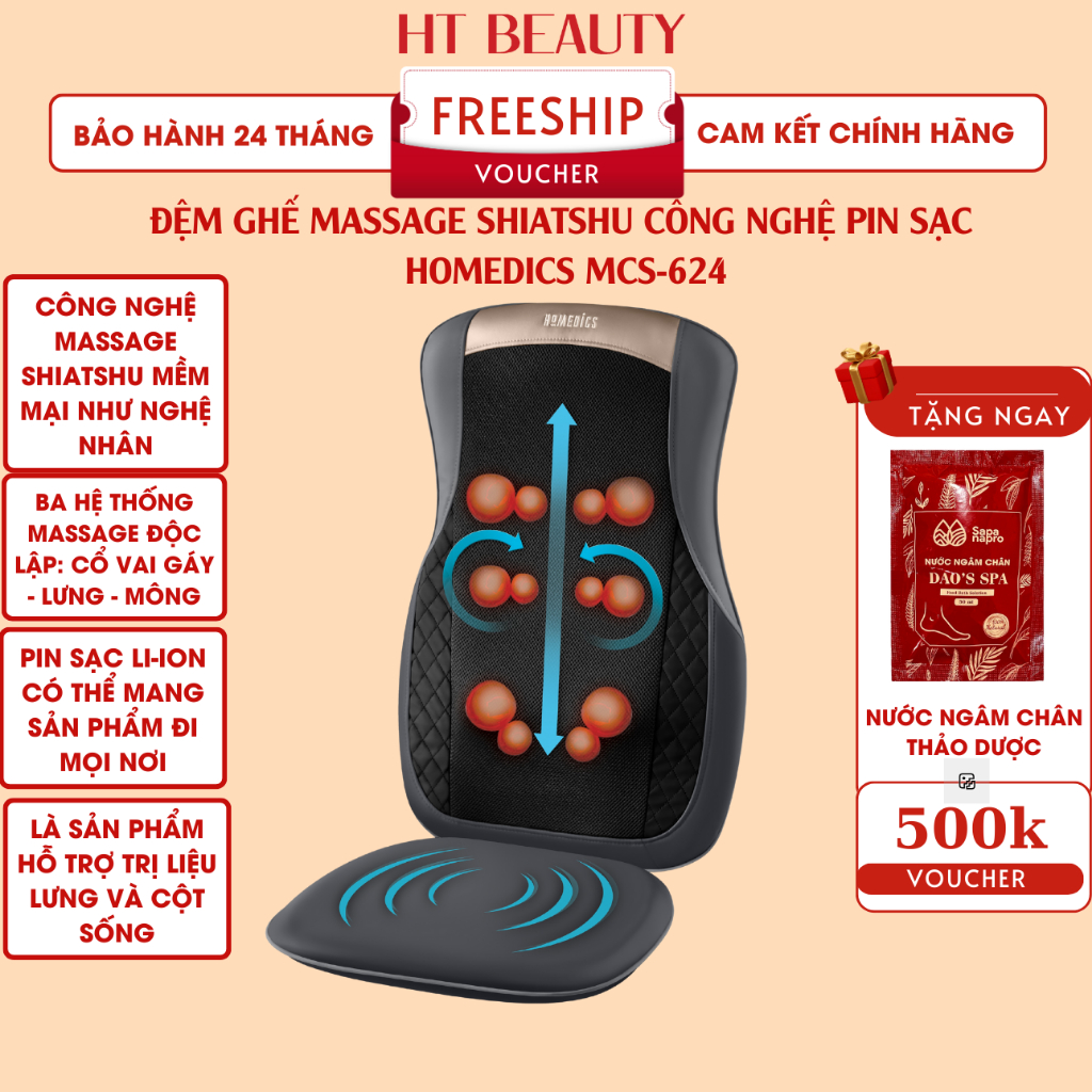 Đệm ghế massage 3D kèm nhiệt rung nhà HT Beauty MCS-624 Homedics Pin sạc HT Beauty
