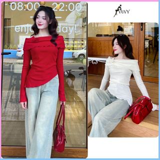  Áo thun trễ vai dài tay vạt chéo áo kiểu nữ thu đông lệch vai chất thun gân dáng ôm body at39 