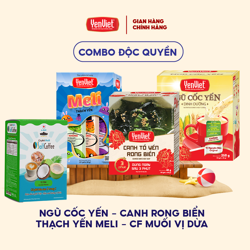 Combo Yến Việt: Ngũ cốc dinh dưỡng 10 gói + Rong biển 10 gói + Thạch yến MeLi 21 thanh + Cà phê vị tự chọn