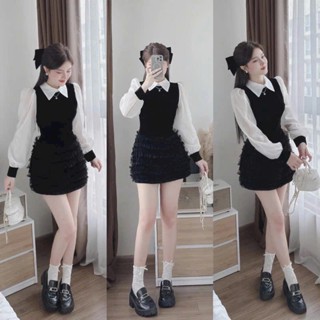  Đầm tiểu thư chất nhung cao cấp cổ sơ mi phối tay dài voan lưới váy dáng chữ A sang trọng thanh lịch 
