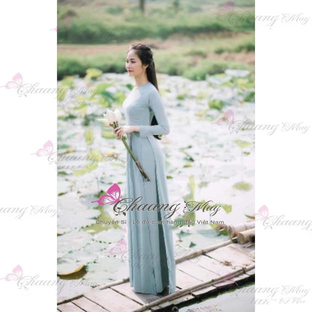 Áo dài lụa trượt tằm 4 tà màu xanh ngọc đá
