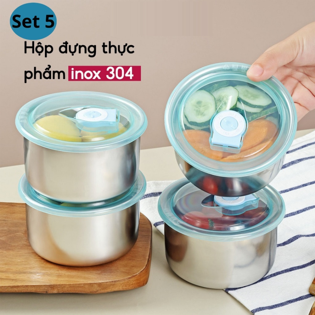 Set 5 hộp inox đựng thực phẩm giữ nhiệt, Khay inox tròn, chữ nhật, Hộp nhựa đựng thực phẩm có nắp đậy