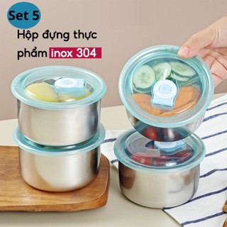 Set 5 hộp inox đựng thực phẩm giữ nhiệt, Khay inox tròn, chữ nhật, Hộp nhựa đựng thực phẩm có nắp đậy