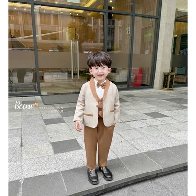 Set bộ vest gile Beemo cho bé trai, 5 chi tiết (áo khoác vest,áo gile,sơ mi,quần,nơ) vải chéo Hàn, mặc sự kiện 23314B1