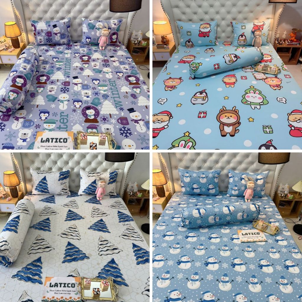 Mẫu Người tuyết, cây thông. Bộ ga giường thun Latico siêu lạnh Lụa (áo gối ôm khoá kéo)