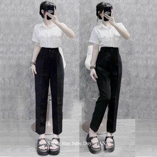 Quần tây đi học 1 nút nữ cấp 3 2 lưng cao ống đứng màu Đen Xanh Đen - Quần baggy học sinh đi học nữ m50 m55 m60 m65