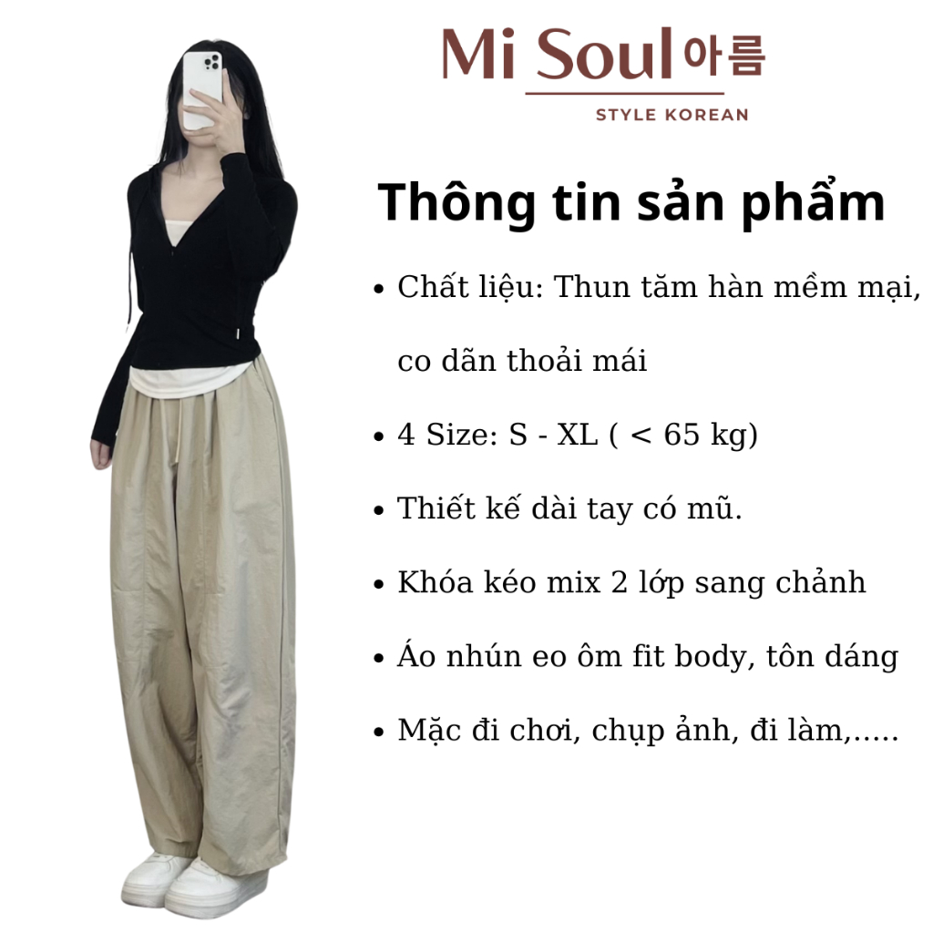 Áo Thun Tăm Dài Tay Nhún Eo Phối 2 Lớp Có Mũ Khóa Kéo Trước BigSize MiSoul, Áo Dài Tay Mix Viền Trắng 363 | BigBuy360 - bigbuy360.vn