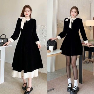  Váy Đầm Bigsize Nhung Tay Dài Dáng Xoè Cổ Nơ Cách Điệu Tiểu Thư Nữ Tính🌸Hàng Quảng Châu 