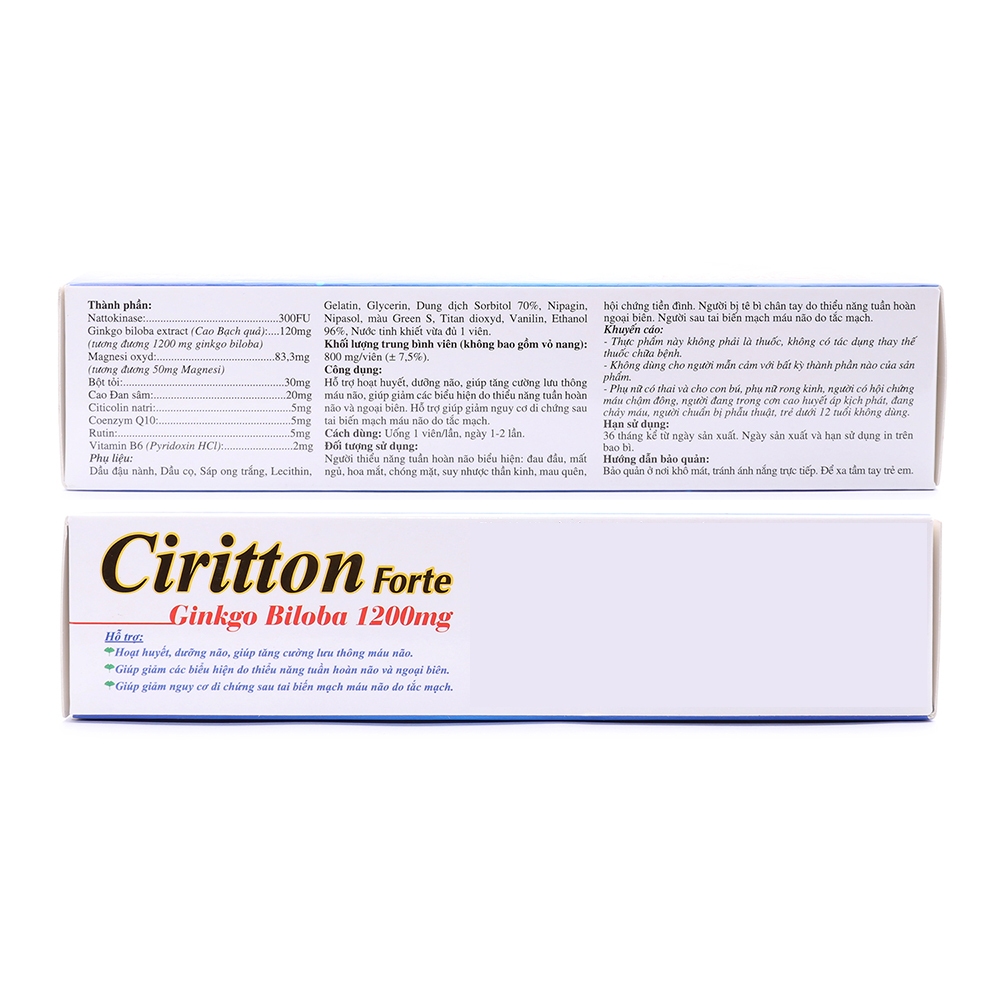 Hoạt huyết dưỡng não CIRITTON Ginkgo Biloba 1200mg giảm đau đầu hoa mắt chóng mặt - 30 viên