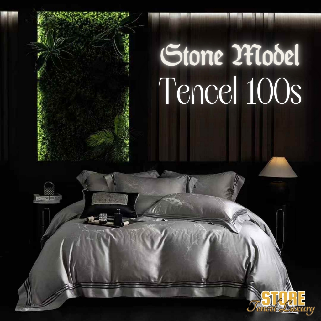 Bộ chăn ga Genji Decor Stone Model chất liệu lụa tencel 100s màu xám đầy đủ kích thước đệm
