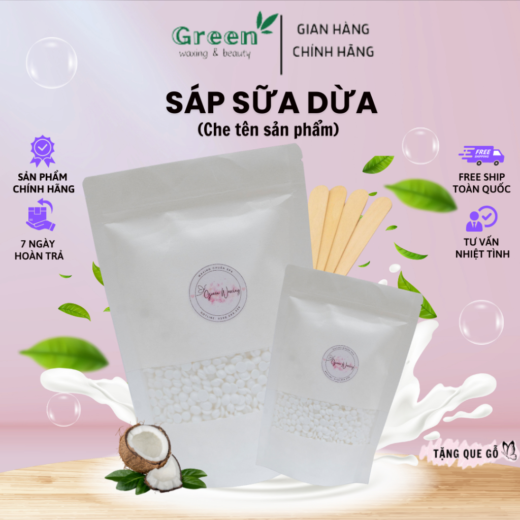 Sáp Wax Lông Nóng Sữa Dừa Cao Cấp Tiệm GREENWAXING, Chuyên wax tay,chân,bikini,tặng que gỗ phết sáp