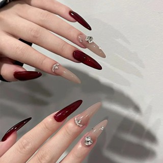Nailbox đính đá, móng tay giả dài nhọn màu đỏ Z304, Nailbox cô dâu, nail xinh