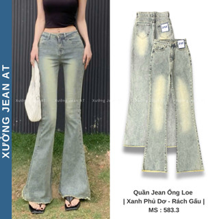 Quần Ống Loe Cạp Cao Chất Jean Co Giãn Rách Gấu Dáng Dài Hottrend 583 - Xưởng Quần Jean Nữ AT