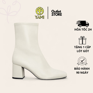 Giày Bốt Nữ Cao Gót, Boot Nữ Cổ Chun Ôm Chân Mũi Vuông Gót Vuông Cao 7CM Màu Trắng Có Khóa Zip, Giày Bốt Xuất Xịn YAMI
