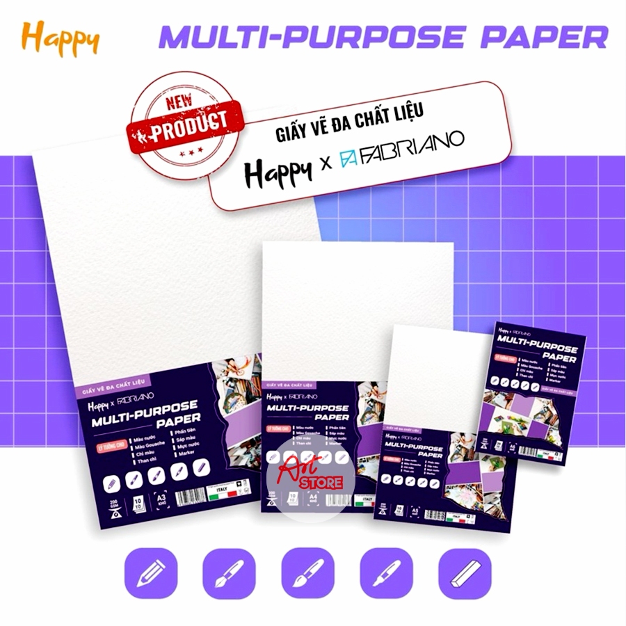 [Art Store] Giấy Vẽ Đa Chất Liệu Happy Multi Purpose 200gsm-Giấy Vẽ Màu Nước, Chì Màu, Màu Sáp, Mark
