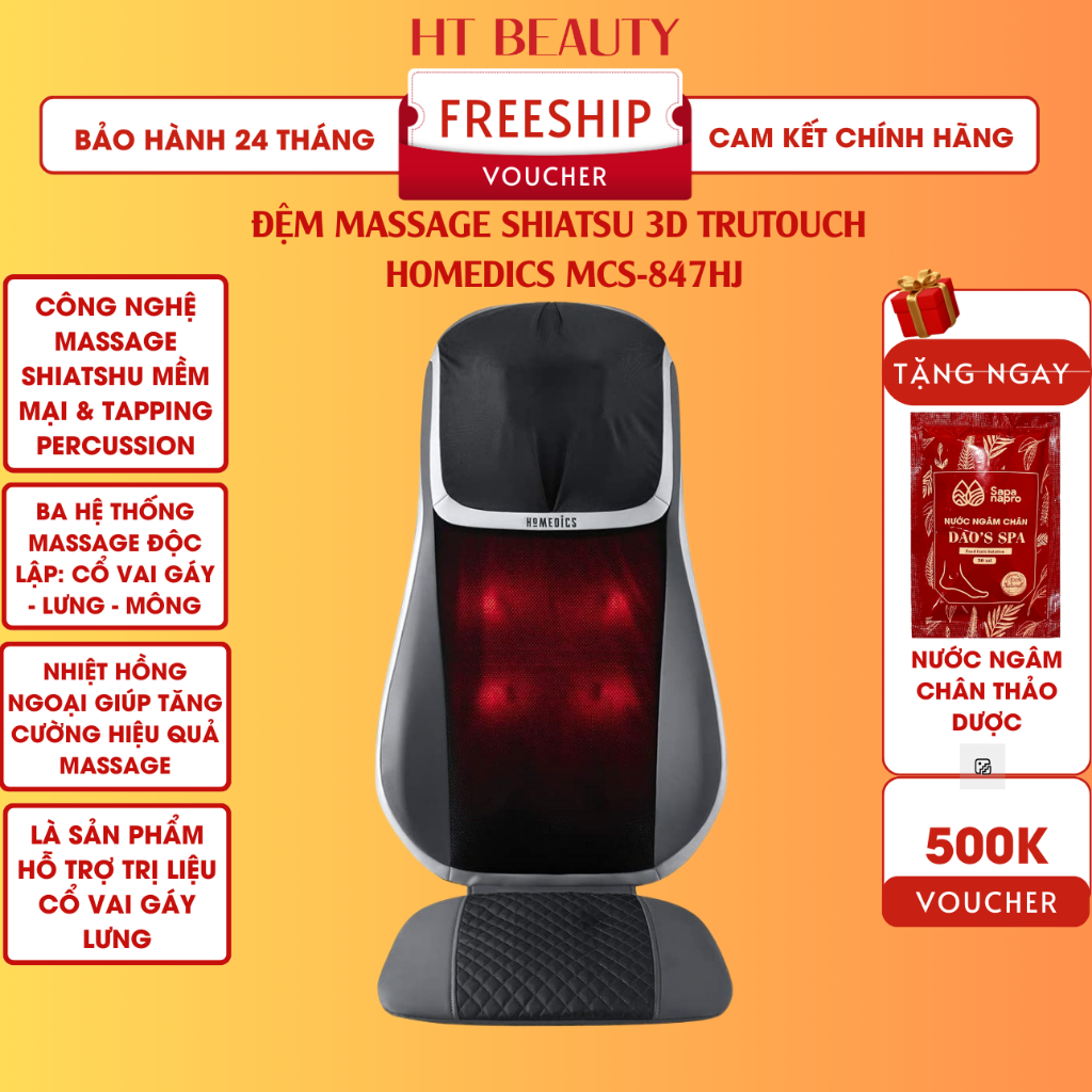 Đệm ghế massage toàn thân cổ vai gáy HoMedics MCS-847HJ công nghệ Shiatsu 3D nhiệt hồng ngoại