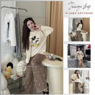 Đồ ngủ nữ thu đông,set đồ nữ áo phông kem cổ tròn dài tay in hình mickey phối quần suông ống loe chấm bi Juvigo HCOM3346