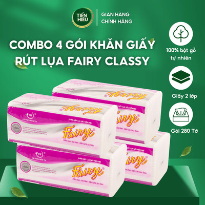 Combo 4 Gói Khăn Giấy Rút Lụa Fairy Classy Cao Cấp 100% Gỗ Tự Nhiên An Toàn Siêu Mềm Mại Thấm Hút Nhanh 280 Tờ