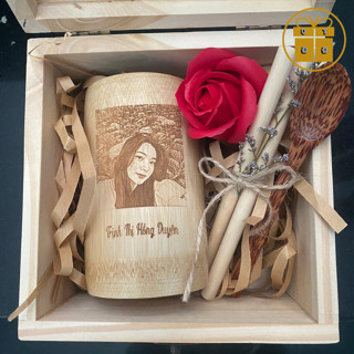 Set Quà Tặng Sinh Nhật Nam Nữ. Full Bộ Cốc Tre, Muỗng, Ống Hút, Hộp Quà – Khắc Hình Chữ Theo Yêu Cầu