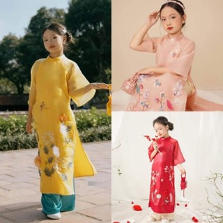  Áo dài bé gái Mộc Trà 3 màu họa tiết thêu hoa nổi nhẹ nhàng - vải tơ ngọc trai mềm cho bé 