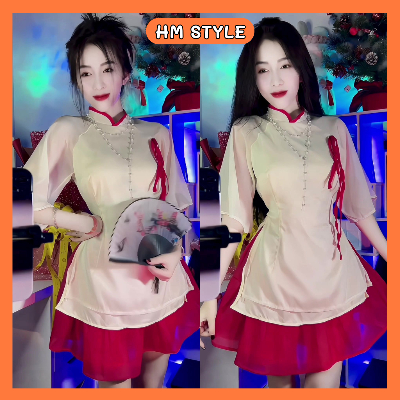 Sét áo dài cách tân xẻ tà, set áo tơ cổ tàu có dây nơ kèm chân váy xoè đỏ AD517