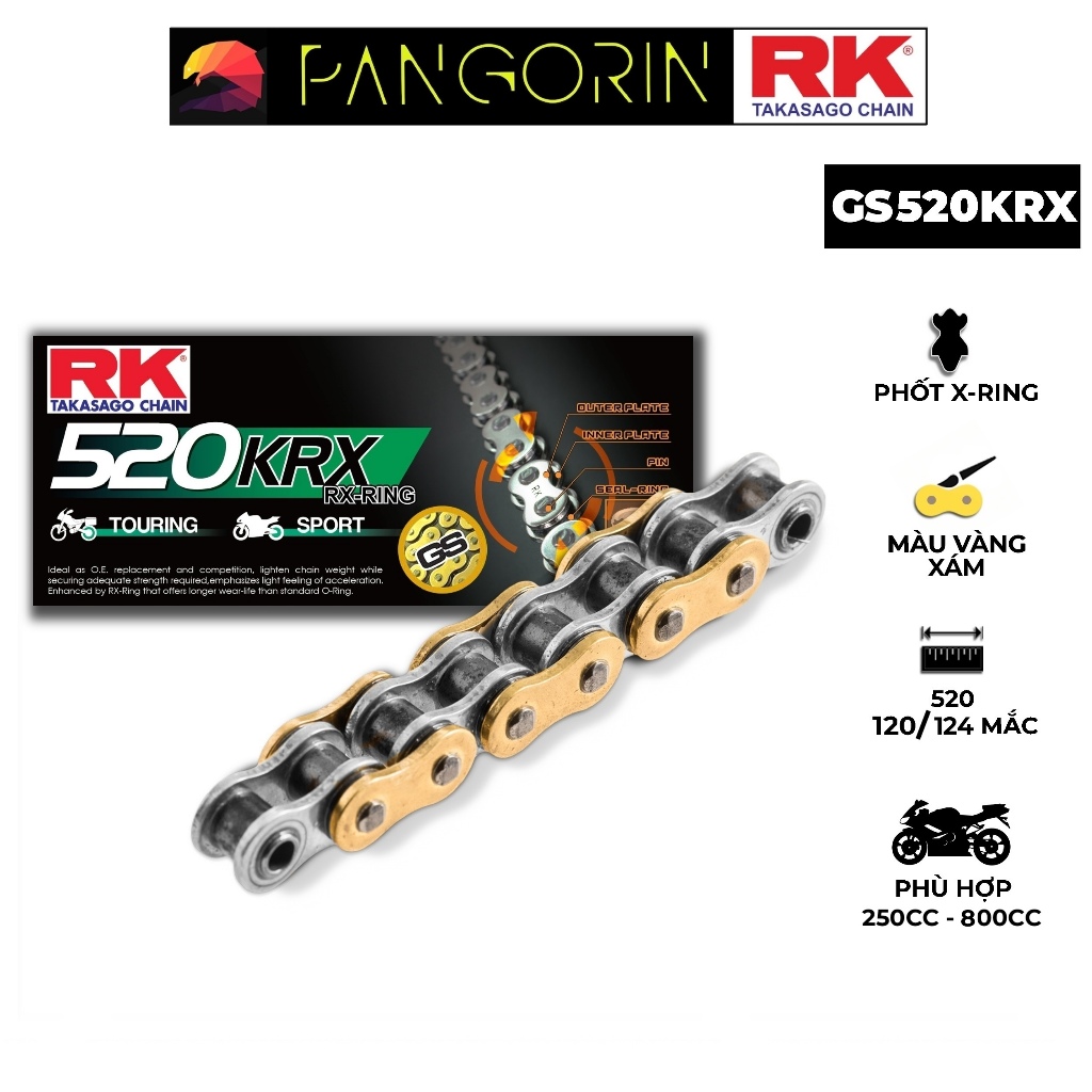 Sên xe phân khối lớn RK Takasago Chain GS-520-KRX, màu vàng - xám, X-ring, 520, 124 / 126 mắc sên