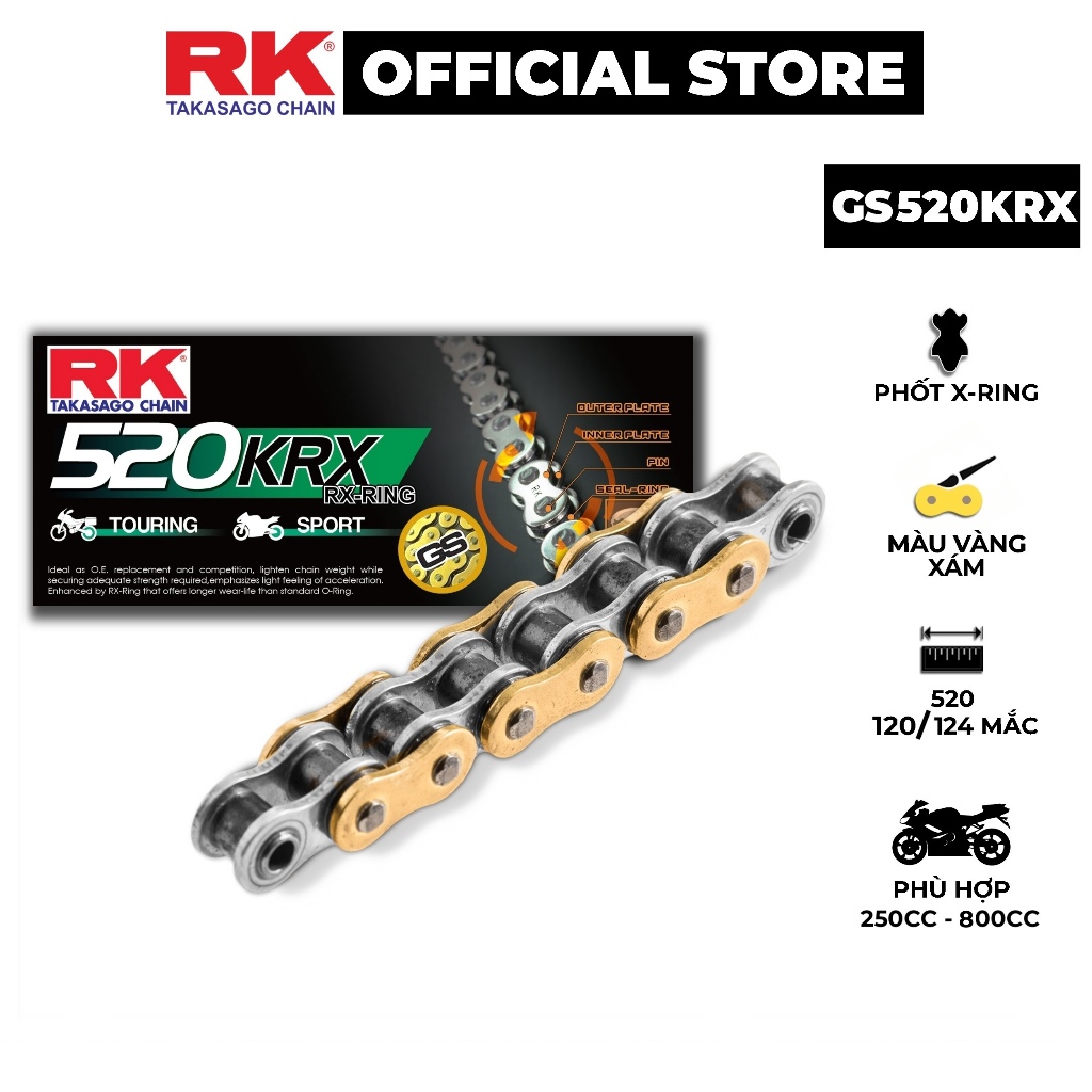Sên xe phân khối lớn RK Takasago chain GS-520-KRX, màu vàng - xám, X-ring, 520, 124 / 126 mắc sên