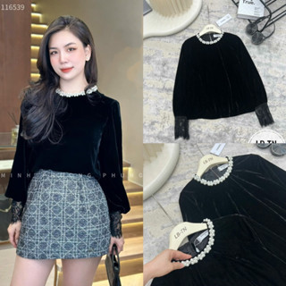  Áo sơ mi nhung the cổ ngọc tay ren 