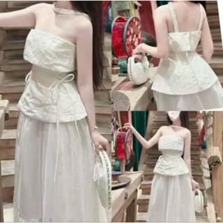 Sét váy thiết kế nàng thơ xinh yêu sét áo gấm cúp ngực cổ chocker kết hợp đan dây eo phối chân váy dáng dài thanh lịch