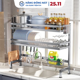 Kệ chén bát thông minh inox 304 1 tầng / 2 tầng, giá đựng bát đĩa kèm các phụ kiện tiện ích