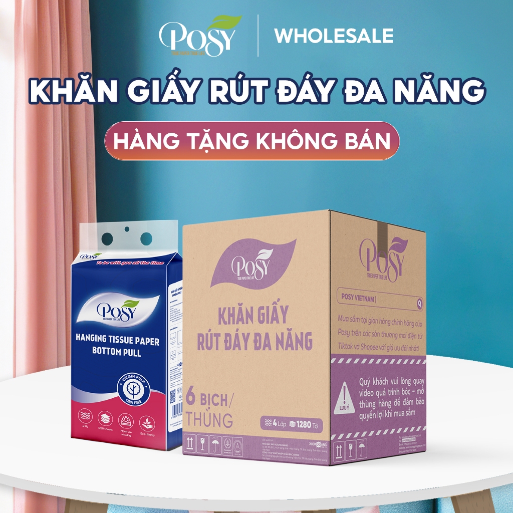 [GIFT - HÀNG TẶNG KO BÁN] Thùng 6 bịch Giấy vệ sinh rút đáy cao cấp Posy 1280 tờ 4 lớp cho mọi người