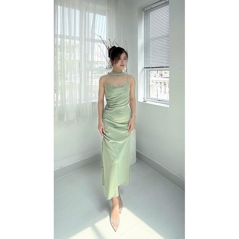 VÁY LỤA 2S CỔ CHOÀNG DÂY NHÚN (V120)