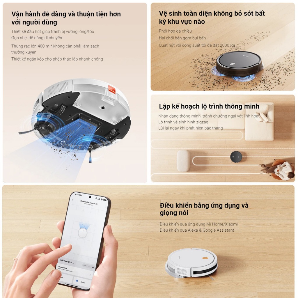 Robot Hút Bụi Lau Nhà Xiaomi Robot Vacuum E5 - Lực hút 2000Pa, 150m2 - Ba Cấp Độ Hút | BigBuy360 - bigbuy360.vn