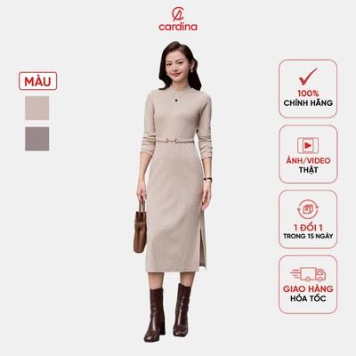 Đầm nữ CARDINA chất liệu nỉ lông cừu đai eo trang trí kiểu dáng suông kín cổ thanh lịch trẻ trung 4VOD01