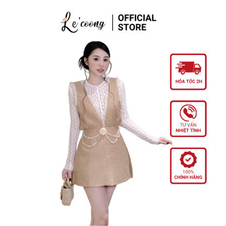 Set Dạ Dáng Ngắn Kèm Áo Đính Hoa LECOONG B178 Đầm Tiểu Thư Sang Chảnh Màu Nâu