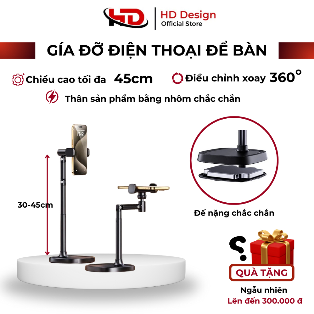 Giá đỡ điện thoại để bàn T10 - Hỗ trợ quay 360° - Hợp kim nhôm chắc chắn - Chiều cao 30-45cm
