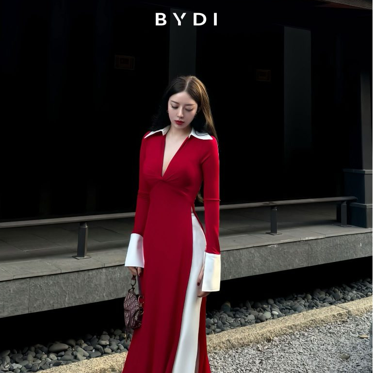 [BYDI DESIGN] Áo dài San Chi | Bộ Áo Dài Cách Tân Cổ V Đỏ Phối Trắng Tay Dài Thanh Lịch