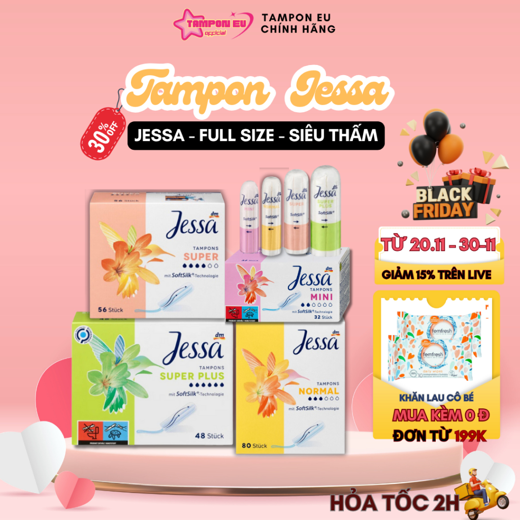 Băng vệ sinh Tampon Jessa đầy đủ size dạng ống thoải mái đi biển, đi bơi không sợ trào tràn,thoáng mát nhập khẩu Đức